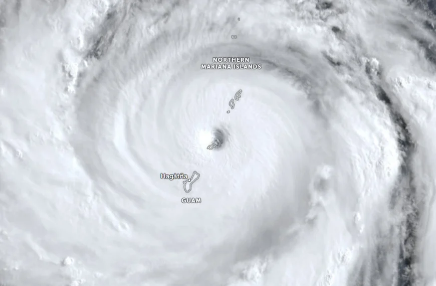 Satellite image of the eye of Category 5 super typhoon Bavi Over Rota, Northern Mariana Islands at 2230 UTC on July 5, 2026