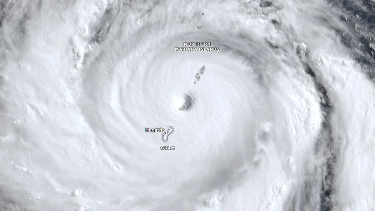 Satellite image of the eye of Category 5 super typhoon Bavi Over Rota, Northern Mariana Islands at 2230 UTC on July 5, 2026