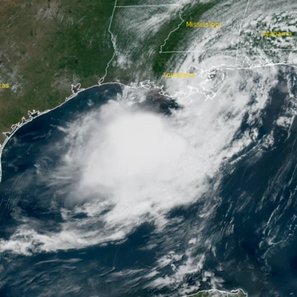 Satellite image of tropical storm Bertha at 18:20 UTC on July 22, 2026. Credit: NOAA/GOES-19, RAMMB/CIRA, The Watchers.
