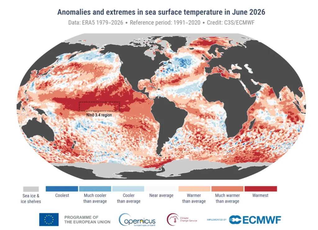 Sea surface temperature anomalies, June 2026