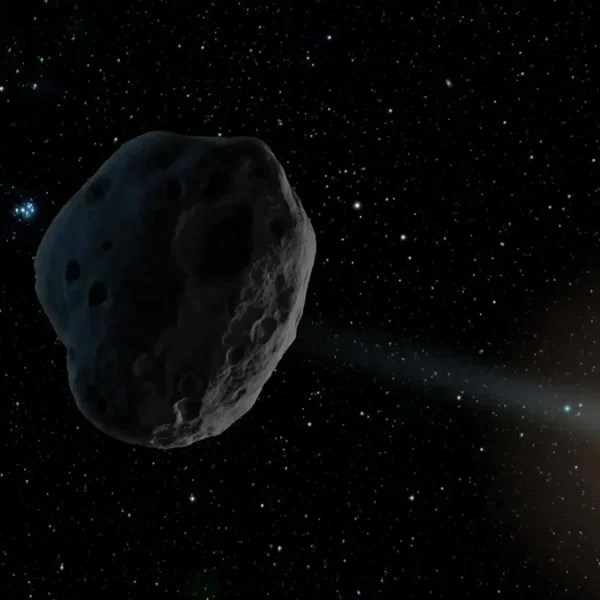 This artist’s concept depicts a near-Earth asteroid with an elongated orbit