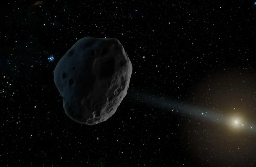 This artist’s concept depicts a near-Earth asteroid with an elongated orbit
