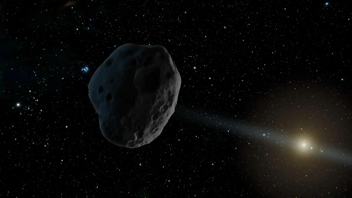This artist’s concept depicts a near-Earth asteroid with an elongated orbit