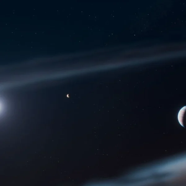 This artist’s concept shows the Beta Pictoris system with the discovered giant exoplanet Beta Pictoris d at the right