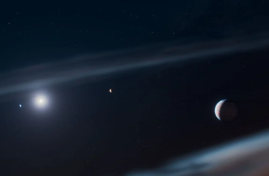 This artist’s concept shows the Beta Pictoris system with the discovered giant exoplanet Beta Pictoris d at the right