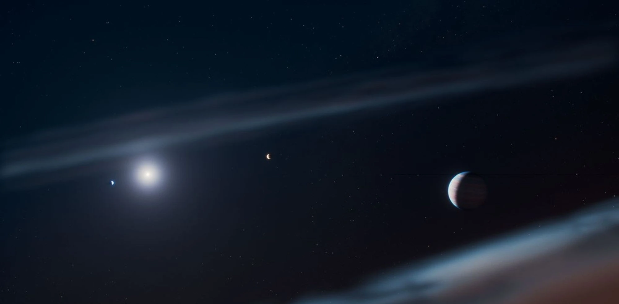 This artist’s concept shows the Beta Pictoris system with the discovered giant exoplanet Beta Pictoris d at the right