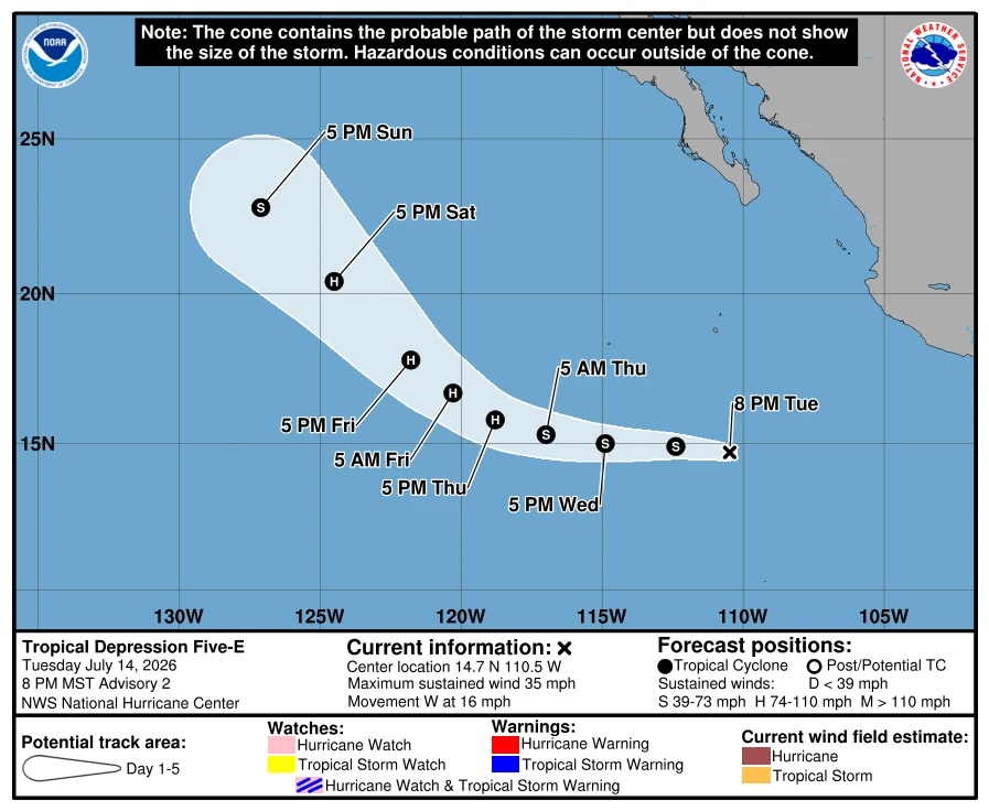 Tropical depression 5E forecast track-NHC-july 15, 2026