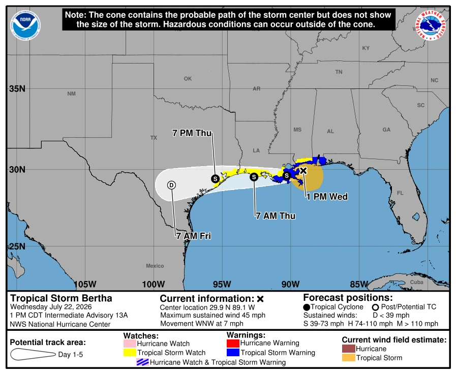Tropical storm Bertha forecast track nhc july 22, 2026
