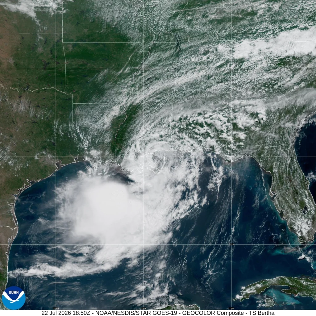Tropical storm Bertha making landfall in St Bernard Louisiana on July 22, 2026 NOAA-NHC