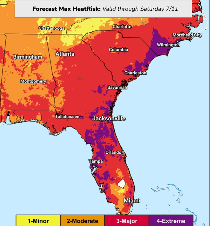 US southeast heatrisk map-nws- July 10-11, 2026