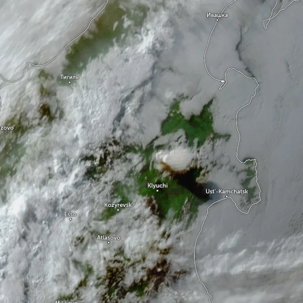 ash rising over sheveluch volcano at 0830 utc on july 5 2026