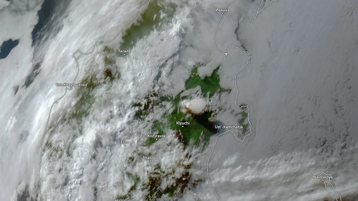 ash rising over sheveluch volcano at 0830 utc on july 5 2026