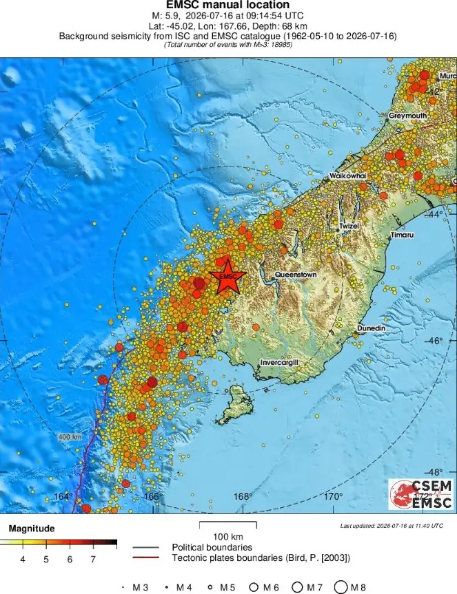 m6.3 earthquake south island new zealand emsc regional seismicity july 16 2026