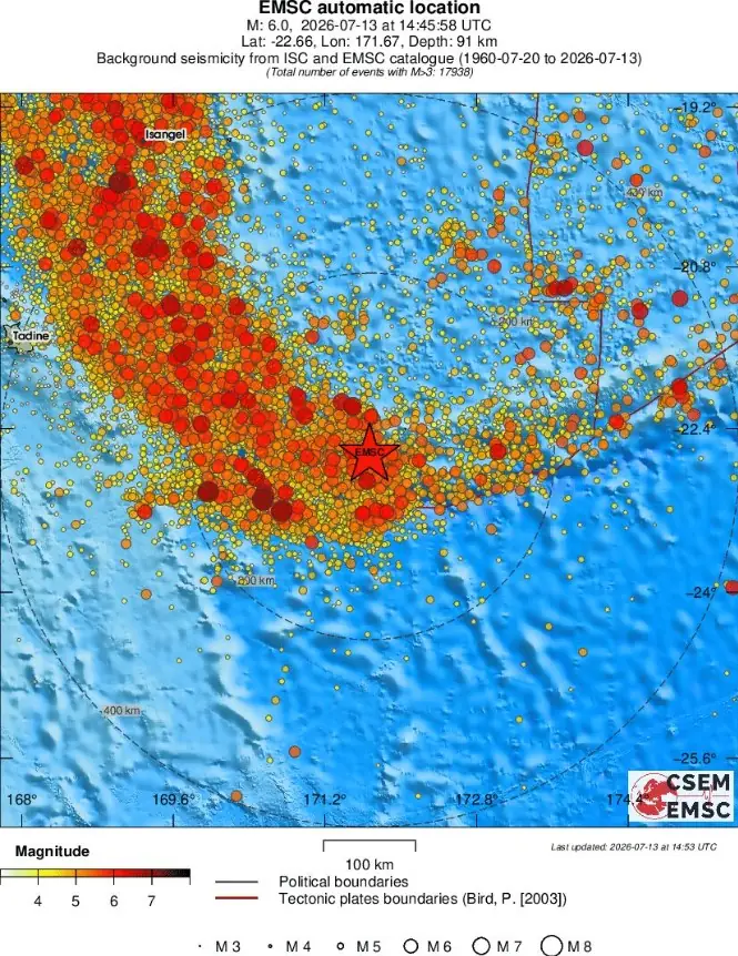 m6.3 earthquake southeast of the loyalty islands july 13 2026 emsc regional seismicity