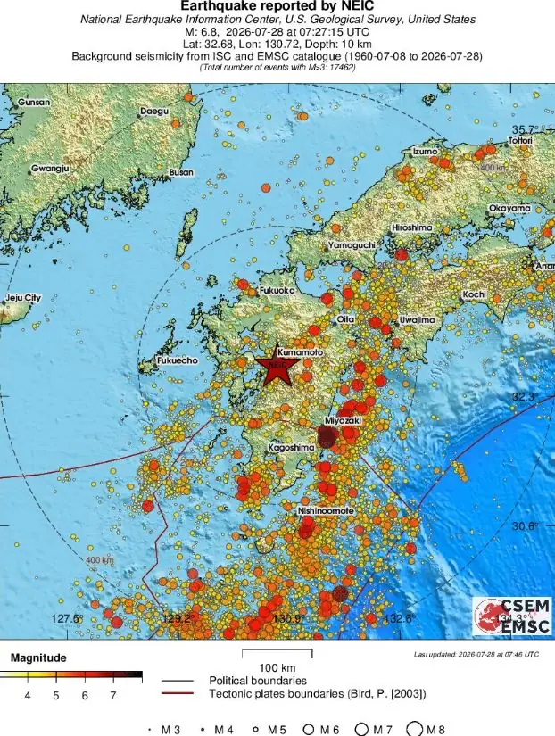 m6.8 earthquake kyushu japan july 28 2026 emsc regional seismicity