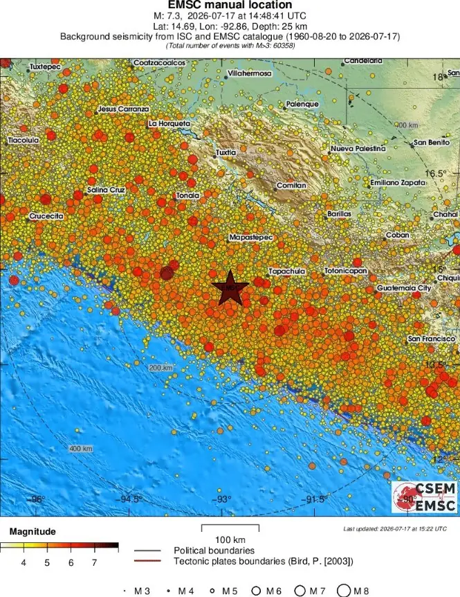 m7.3 earthquake offshore chiapas mexico july 17 2026 emsc regional seismicity