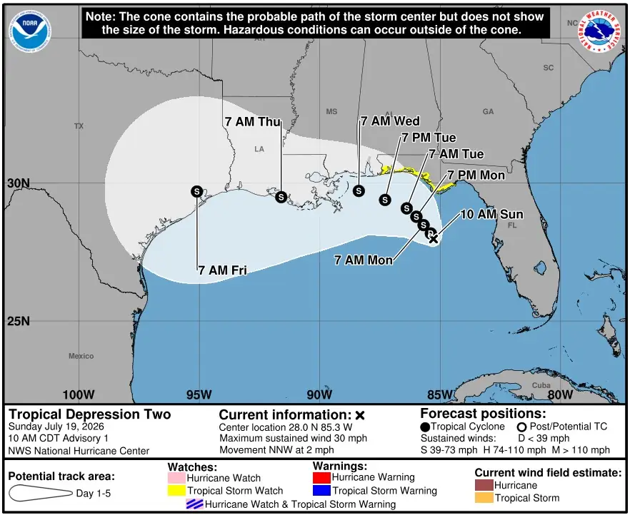 td2 gulf 1500 utc july 19 2026 nhc fcst track