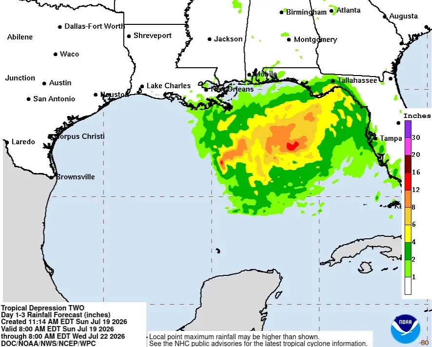 td2 gulf rainfall forecast july 19-22 2026