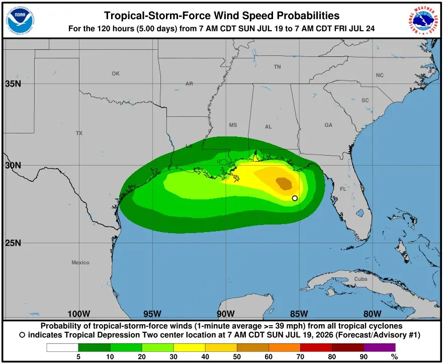 td2 tsf wind speed probabilitiyes july 19-24 2026