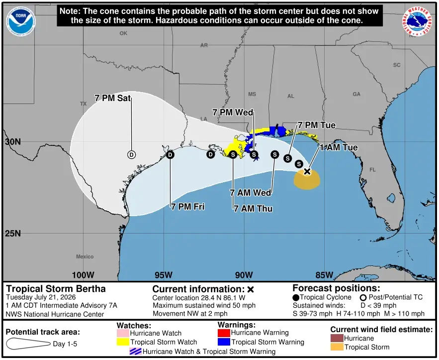 tropical storm bertha nhc forecast track 06z july 21 2026