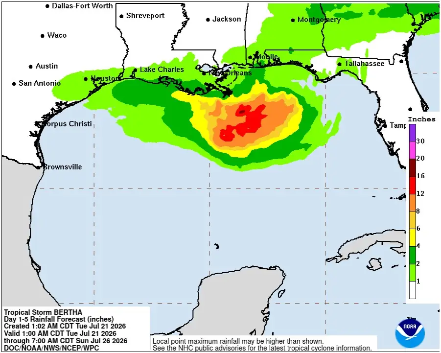 tropical storm bertha rainfall forecast july 21-26 2026
