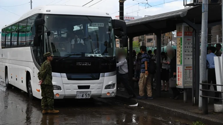 Japan Ground Self-Defense Force personnel and vehicles deployed in Chiba Prefecture on August 14, 2026, during disaster-relief operations
