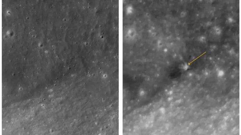 Before-and-after comparison of the Falcon 9 impact area using Lunar Reconnaissance Orbiter reference imagery and observations from Danuri’s Lunar Terrain Imager (LUTI), showing changes to the lunar surface following the collision.