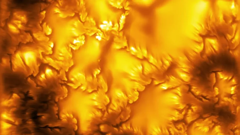 The highest-resolution image of the Sun’s surface (photosphere) ever captured, taken at 416 nm by the Inouye Solar Telescope. It reveals deformed boundaries of magnetic elements and ultra-fine scale stripes, both associated with Kelvin-Helmholtz instability