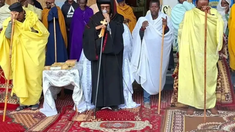 Members of the Ethiopian Orthodox Tewahedo Church hold a prayer service following the fatal landslide at Tsadqane Debre Mitmaq St. Mary Monastery in North Shewa Zone, Amhara Region, Ethiopia, on August 3, 2026