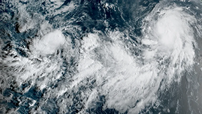 Satellite image of Tropical Storms Karina and Lowell at 1600 UTC on August 28, 2026