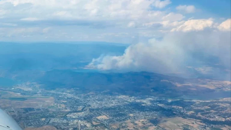 Smoke rising from Bradley Creek fire west of Vernon, British Columbia, Canada on August 5, 2026