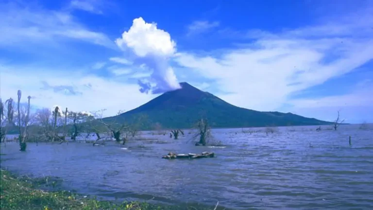 Momotombo volcano rises above Lake Managua in Nicaragua