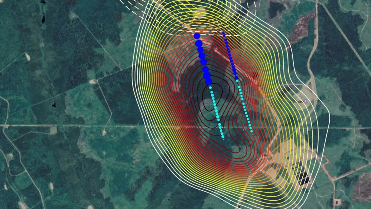Location of modelled slip; contours show slip (2017 event—solid lines; 2018 event—dashed lines). Hydraulic fracturing stages are shown as circles, scaled to volume injected