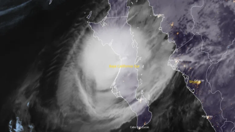 Satellite image of Hurricane Polo making landfall over Baja California Sur at 0620 UTC on September 29, 2026