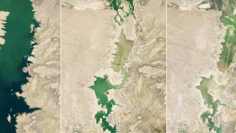 Satellite images of Elephant Butte River from 1994 on left 2013 in middle and 2026 on the right.