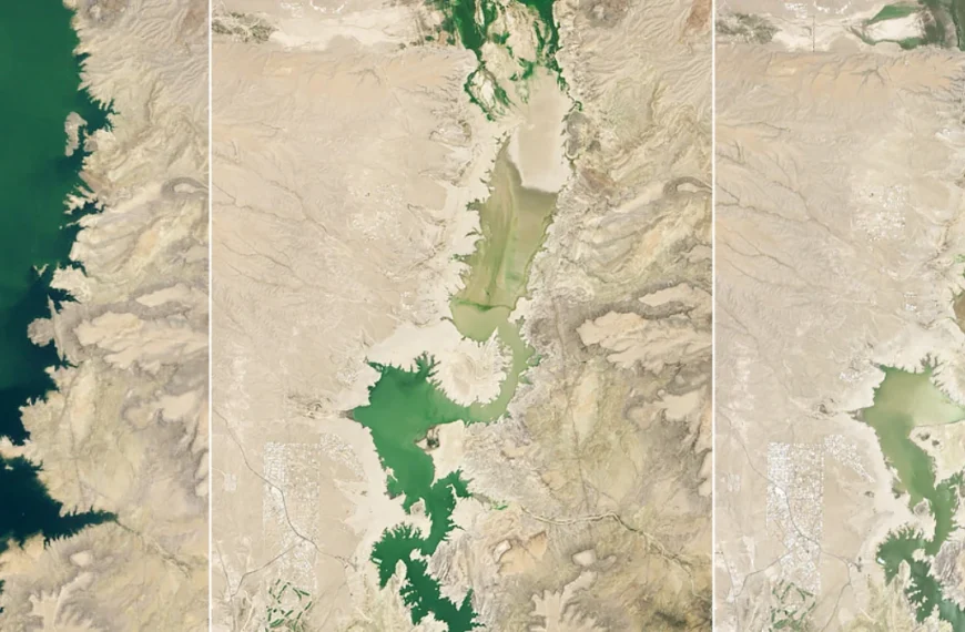 Satellite images of Elephant Butte River from 1994 on left 2013 in middle and 2026 on the right.