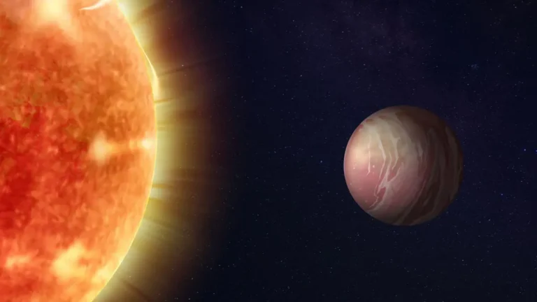 Artist’s concept of the lava world TOI-561 b and its star, whose surface churns with hot, bubbling gas