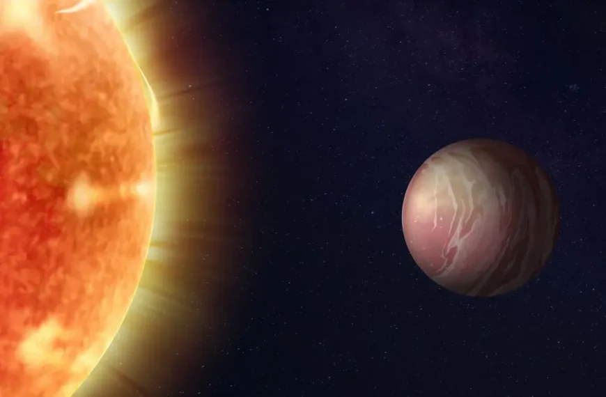 Artist’s concept of the lava world TOI-561 b and its star, whose surface churns with hot, bubbling gas