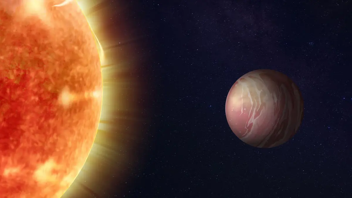 Artist’s concept of the lava world TOI-561 b and its star, whose surface churns with hot, bubbling gas