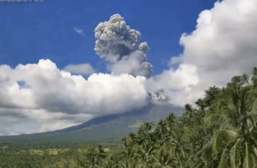 Mayon Volcano produces an ash column during the moderately explosive eruption on October 30, 2026. DOST-PHIVOLCS raised the volcano to Alert Level 3 after the eruption.