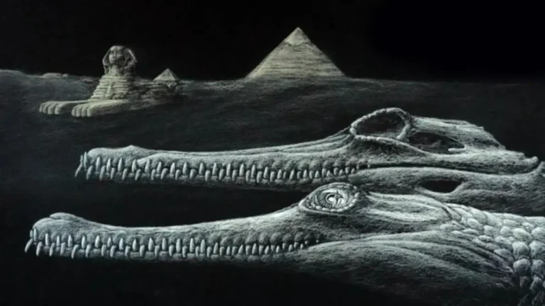 Reconstruction of the extinct Herugavialis cairensis with the Great Sphinx and pyramids depicted in the background