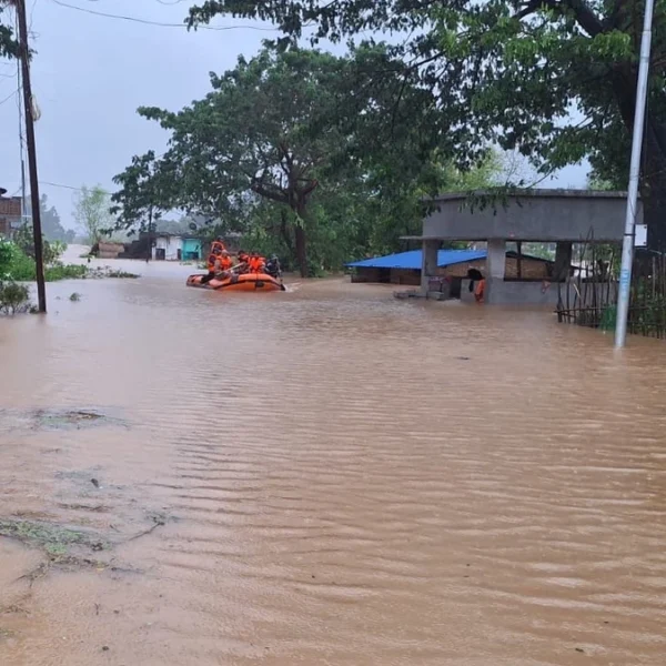 ODRAF conducting boat rescues on October 29, 2026 after severe flooding in Gajapati, Odisha due to Cyclone Arnab