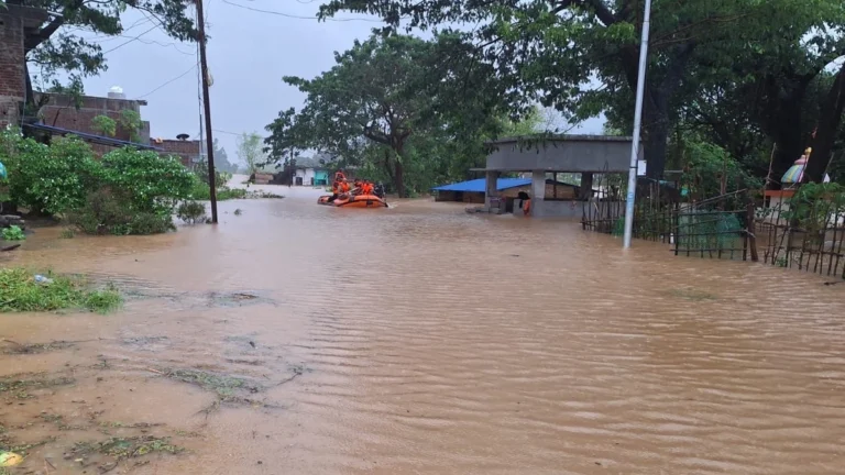 ODRAF conducting boat rescues on October 29, 2026 after severe flooding in Gajapati, Odisha due to Cyclone Arnab