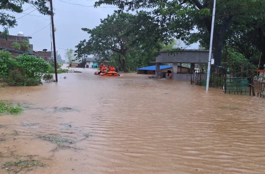 ODRAF conducting boat rescues on October 29, 2026 after severe flooding in Gajapati, Odisha due to Cyclone Arnab