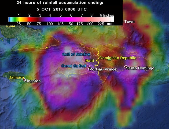 Hurricane Matthew - 24 hours of rainfall accumulation ending 00:00 UTC on October 5, 2016