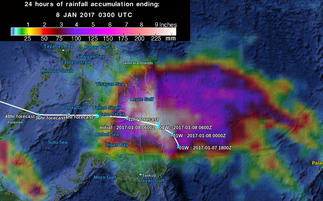 Tropical Depression Auring - 24 hours of rainfall accumulation ending 03:00 UTC on January 8, 2017