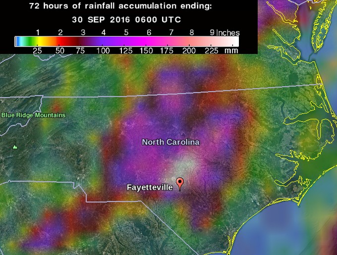 72 hours of rainfall accumulation ending 06:00 UTC on September 30, 2016. Fayetteville marked.