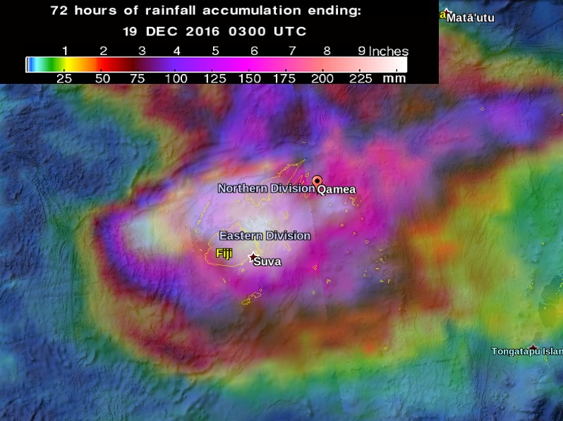 72 hours of rainfall accumulation over Fiji, by December 19, 2016