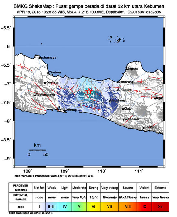 BMKG shakemap of Indonesia M4.4 earthquake on April 18, 2018.