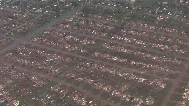 The news helicopter from kfor.com caught this image of the shocking near-total destruction of a huge area of Moore, Oklahoma, on May 20, 2013.